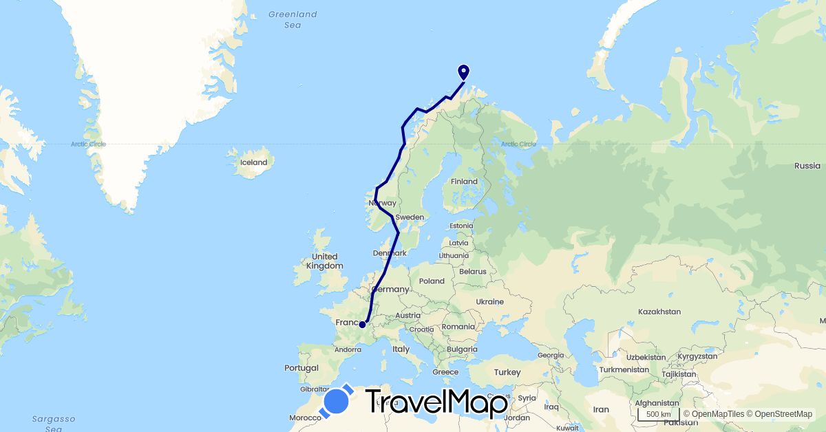 TravelMap itinerary: driving in Germany, France, Norway, Sweden (Europe)